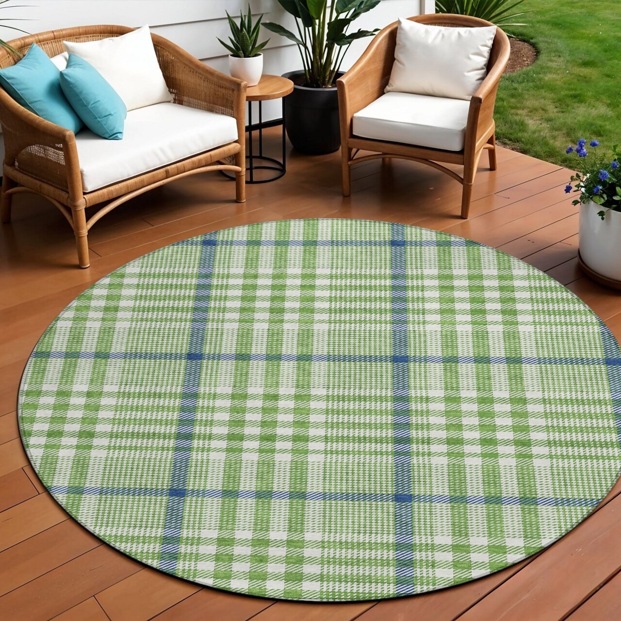Edge Collections - 8' - Green - Plaid Indoor Outdoor Area Rug for High Traffic Spaces - 1 Piece